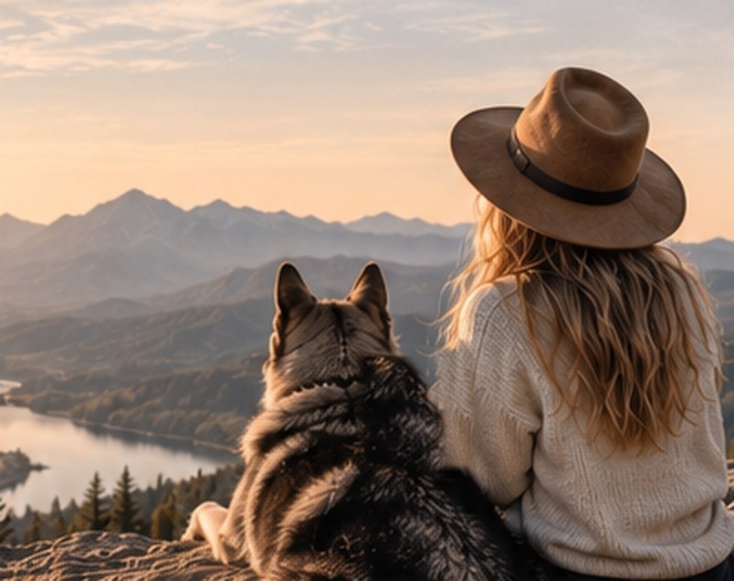 A woman in a brimmed hat sits beside her dog on a mountain overlook at sunrise