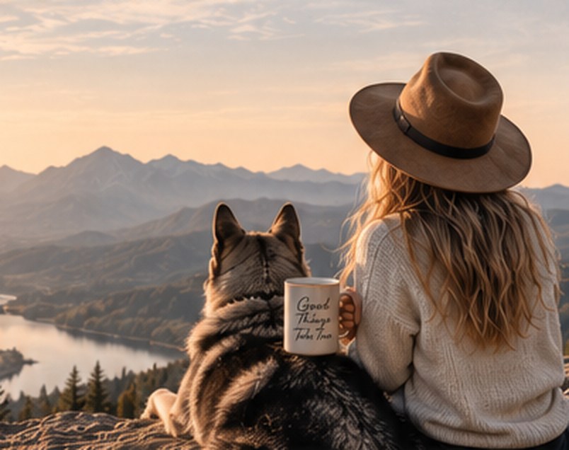 A woman in a brimmed hat sits beside her dog on a mountain overlook at sunrise, holding a mug