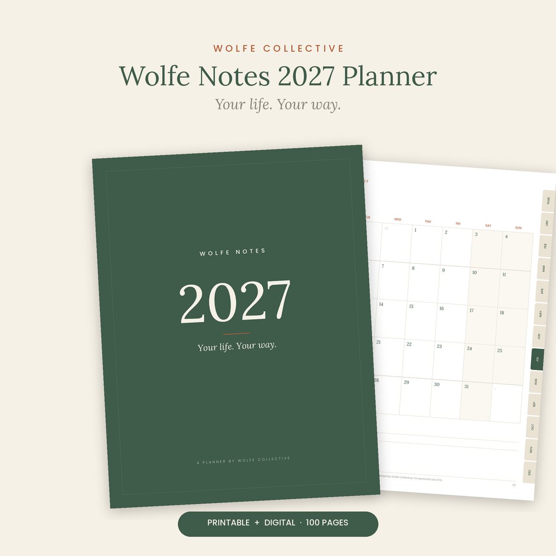 The Wolfe Notes 2027 Planner cover and a monthly calendar page