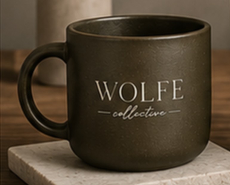 A dark Wolfe Collective mug on a stone coaster