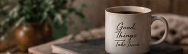 A mug reading Good Things Take Time on a stack of books