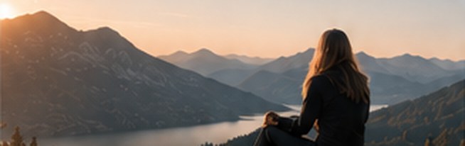 A woman sitting on a ridge above a mountain lake